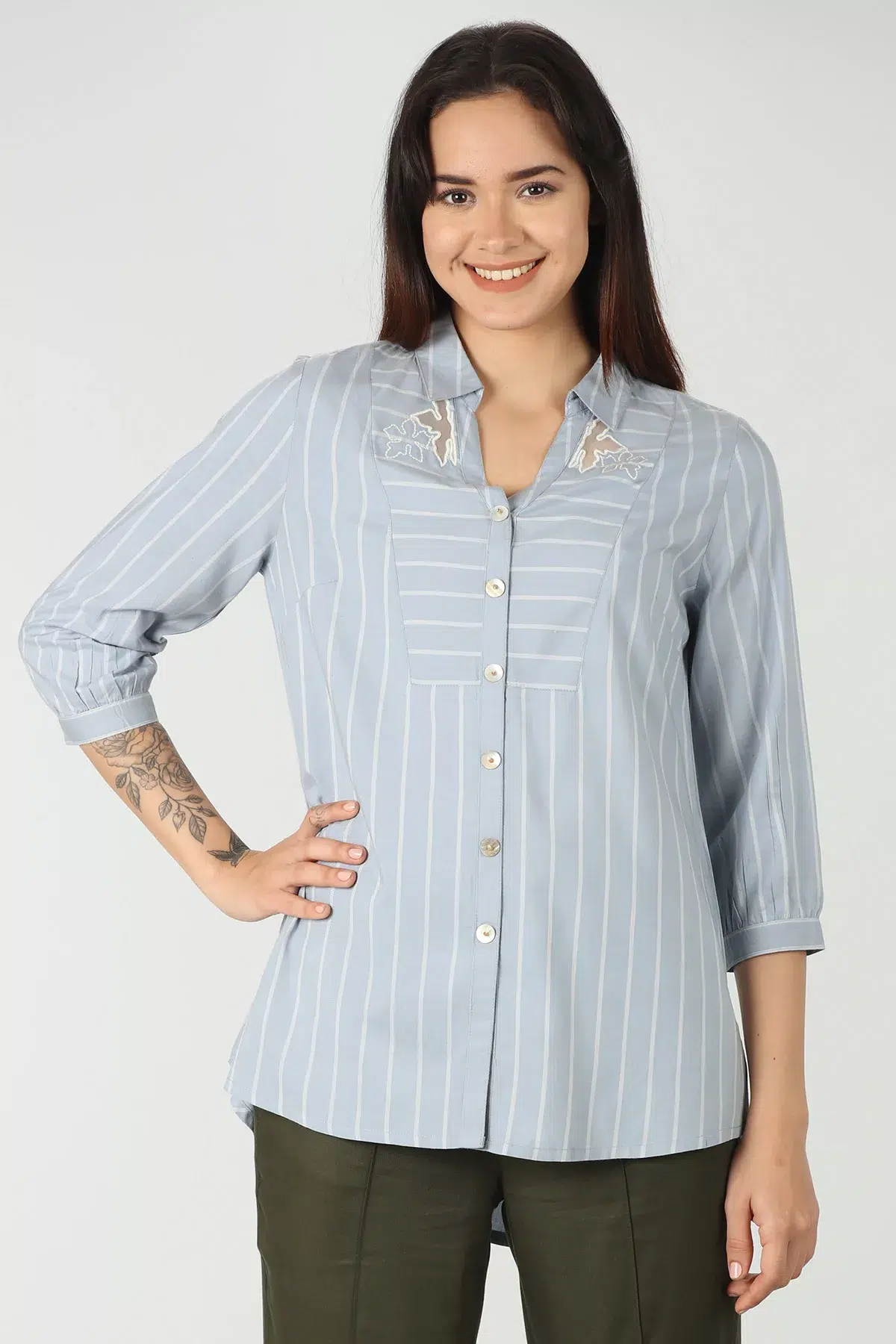 Blue Shirt With White Stripes For Women