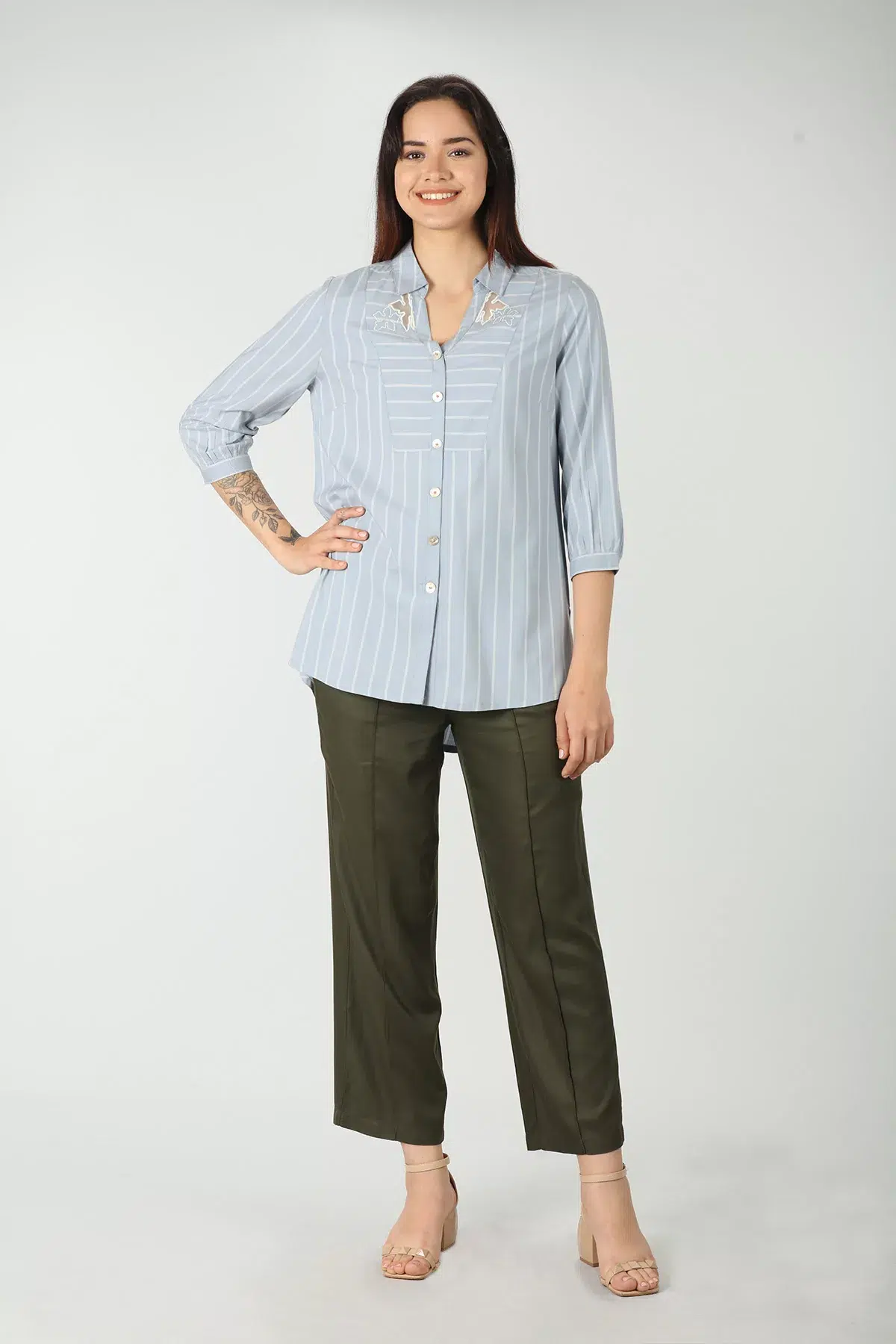 Blue Shirt With White Stripes For Women