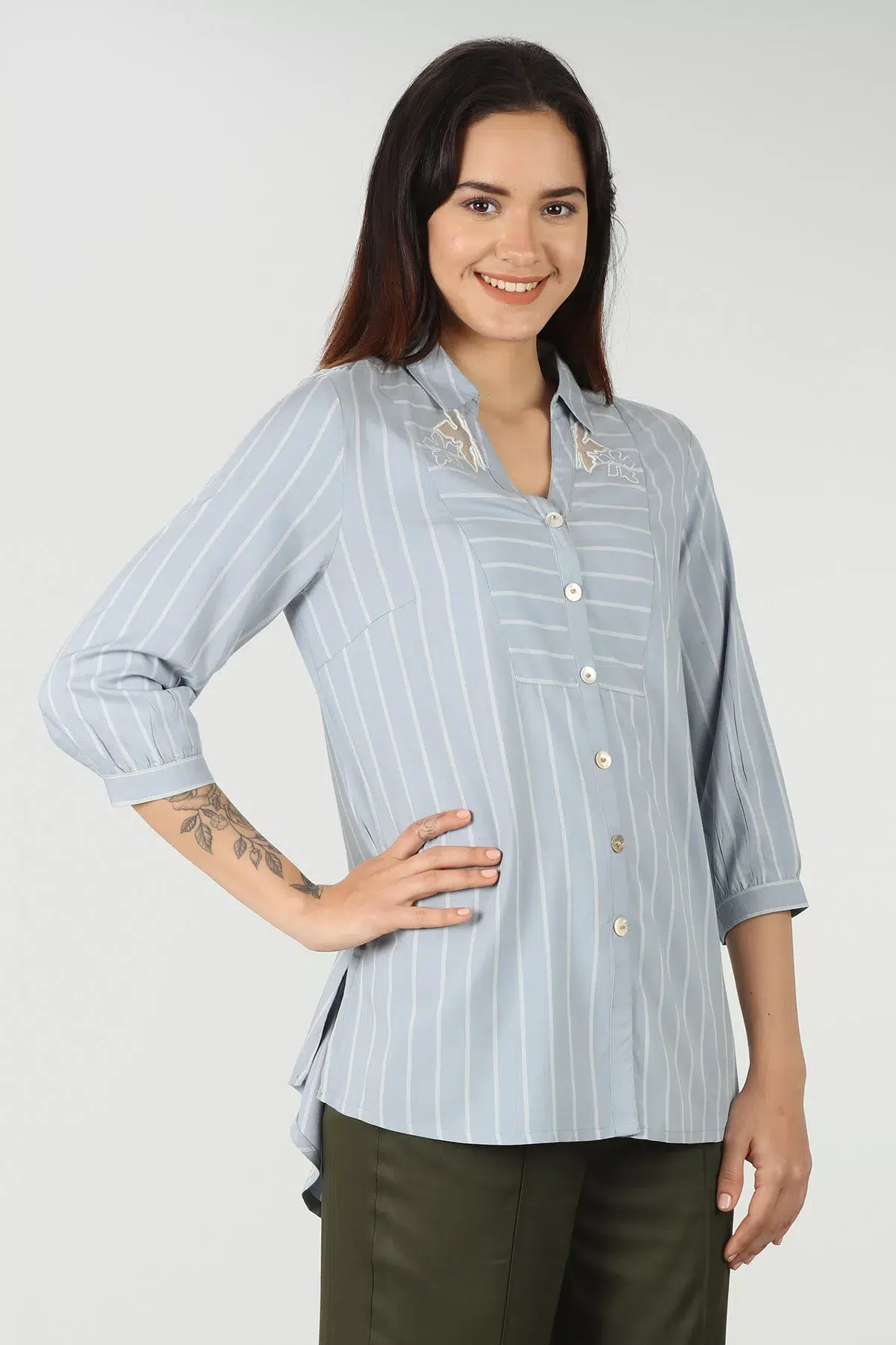 Blue Shirt With White Stripes For Women