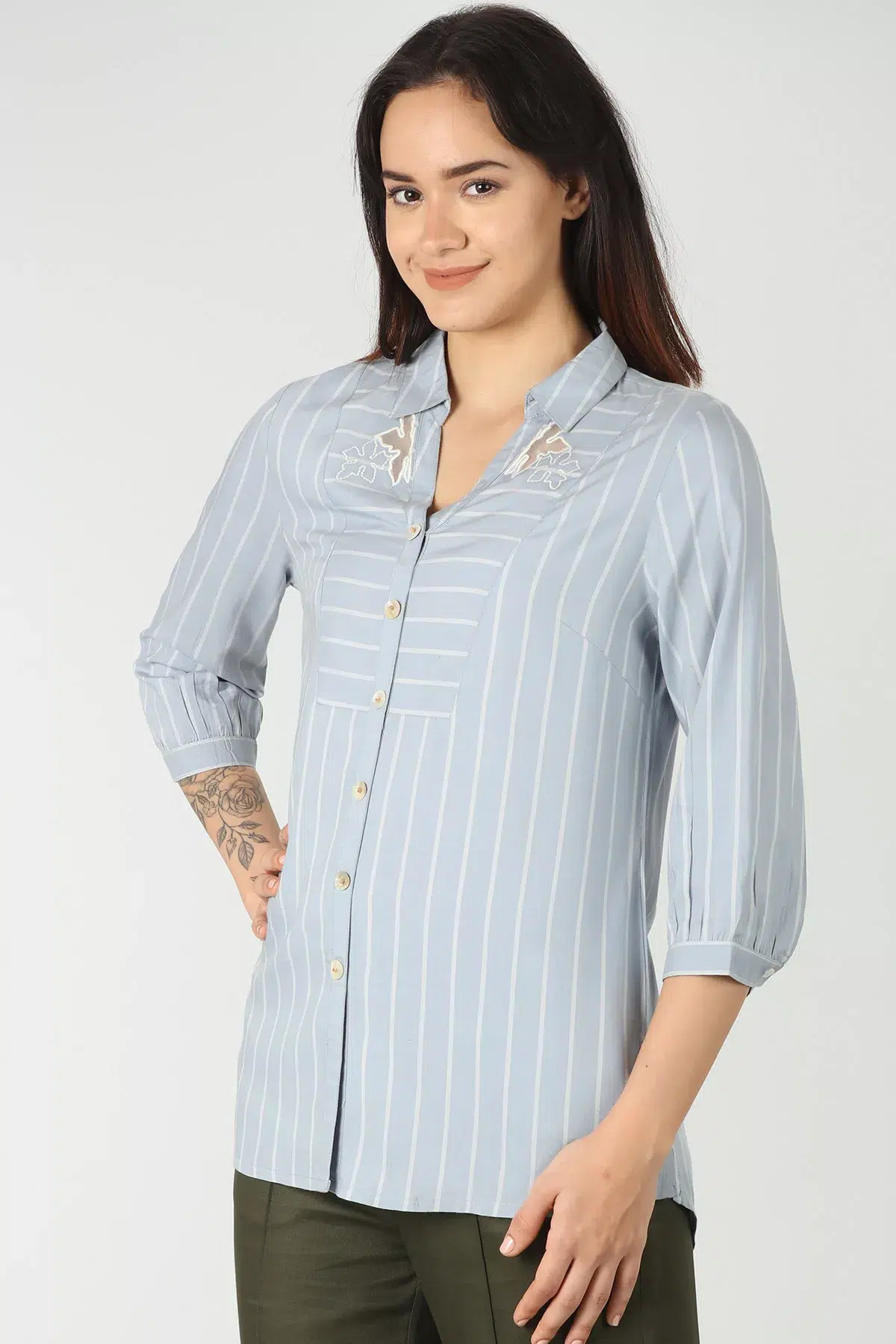 Blue Shirt With White Stripes For Women