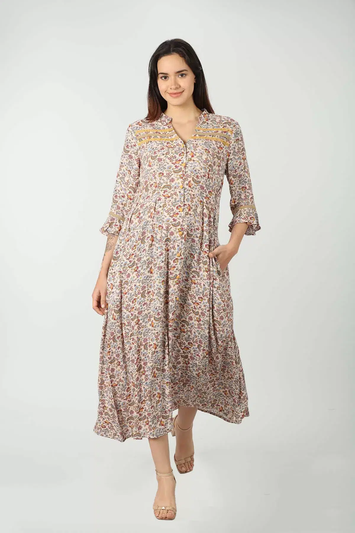 Printed Beige Dress Maxi For Women