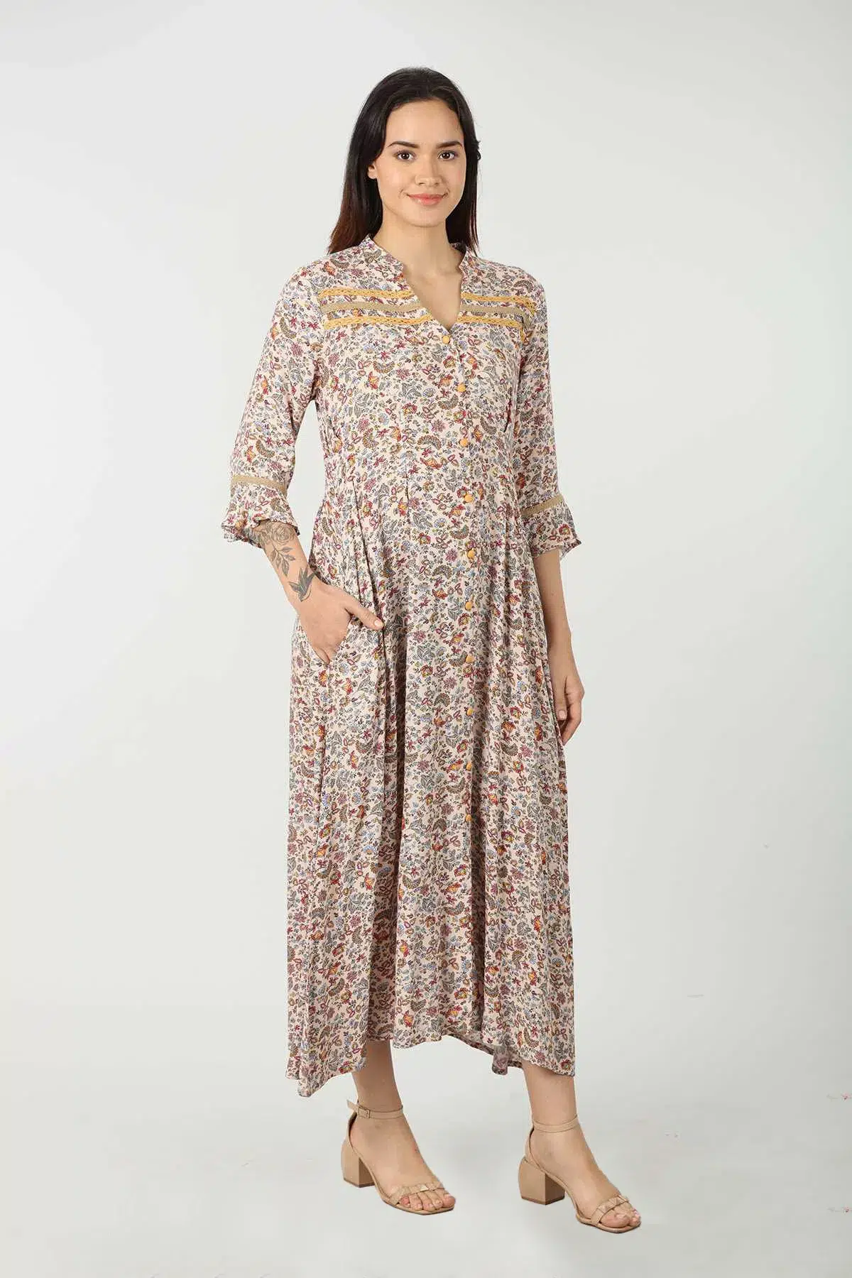 Printed Beige Dress Maxi For Women