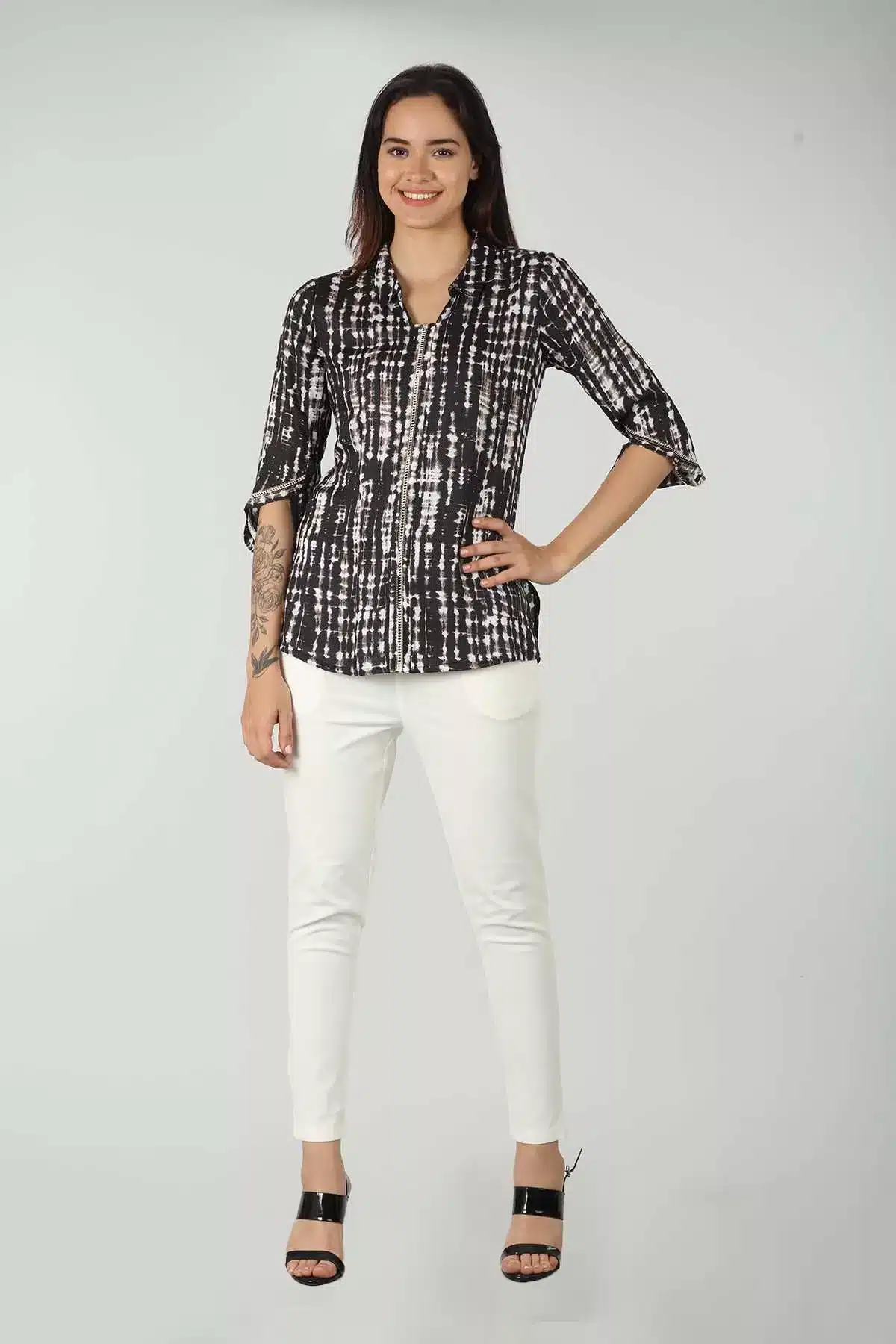 Dobby Printed Black Top For Ladies