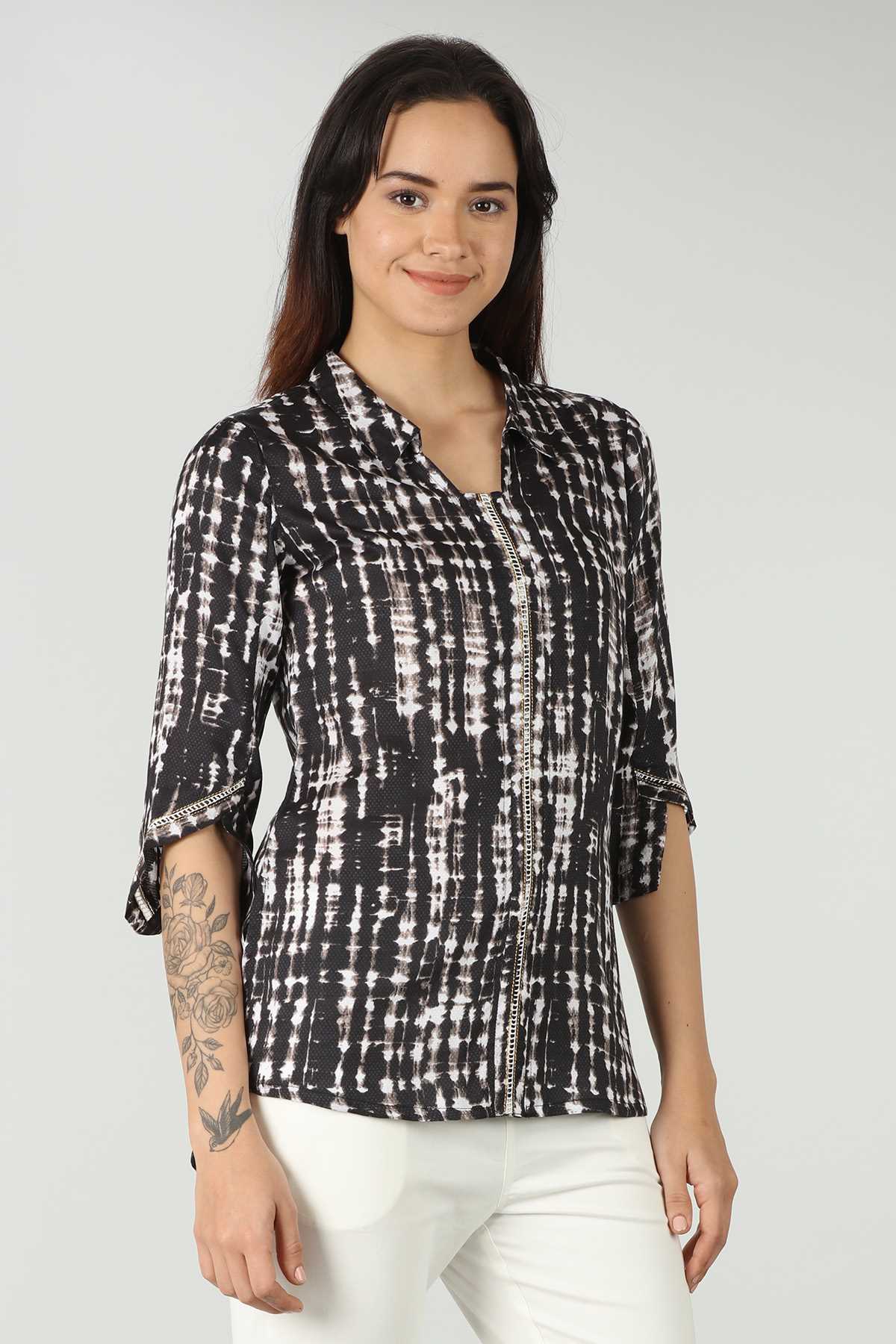 Dobby Printed Black Top For Ladies