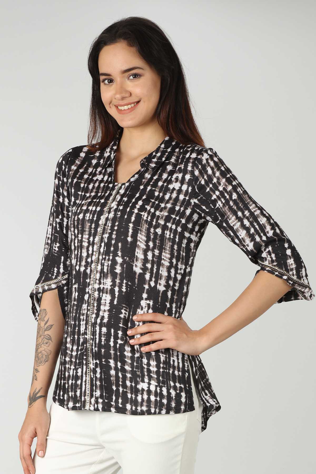 Dobby Printed Black Top For Ladies