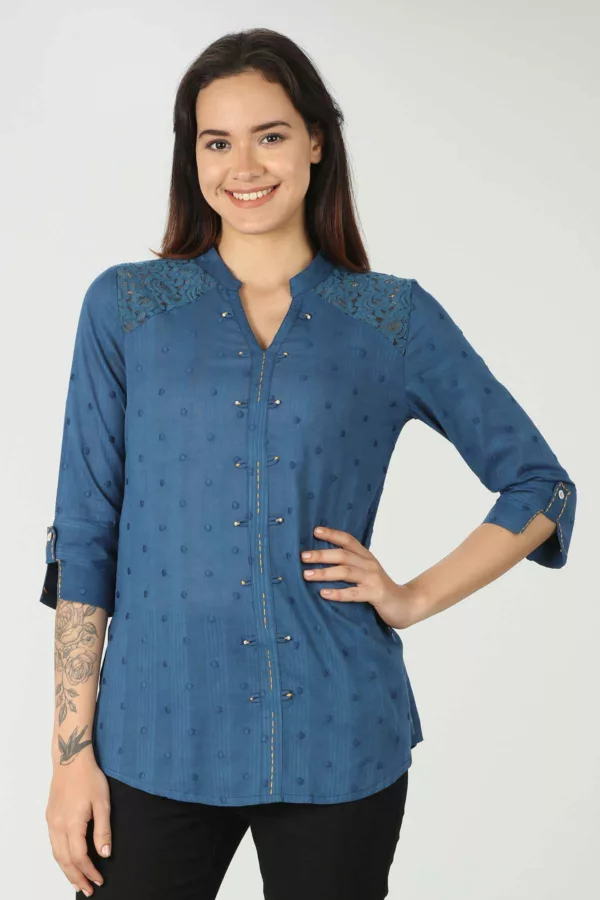 Dobby Blue Top For Ladies
