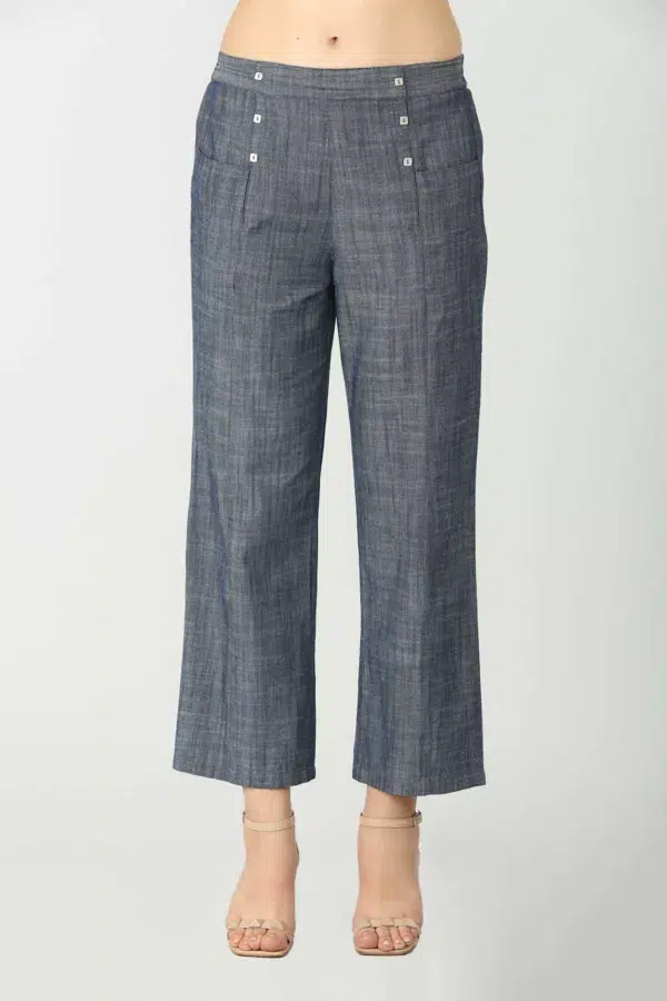 Slate Blue Solid Pants For Ladies