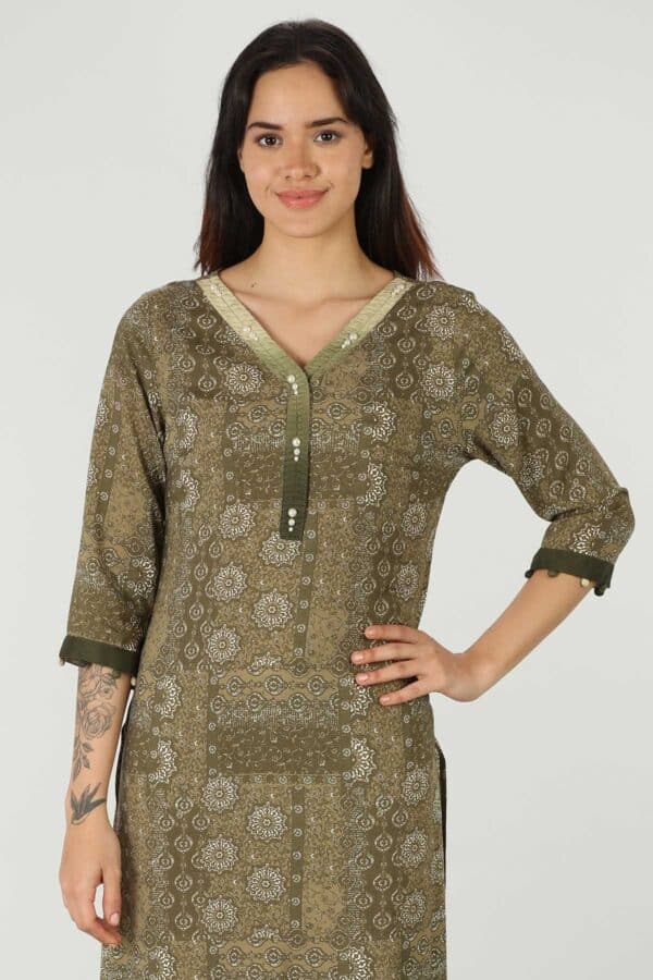 Printed Olive Green Kurta For Women