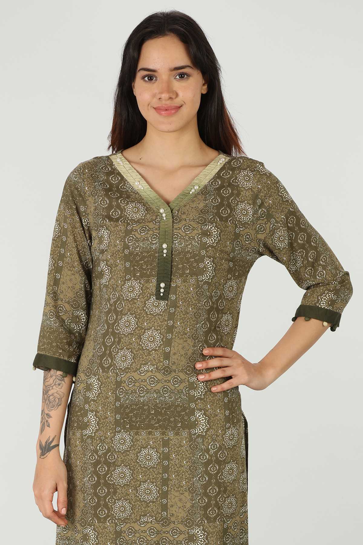 Printed Olive Green Kurta For Women