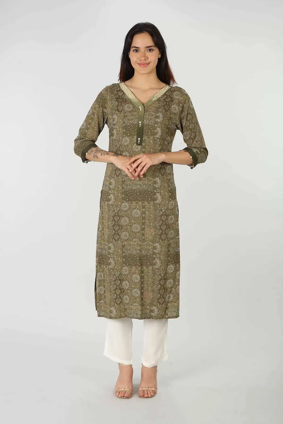 Printed Olive Green Kurta For Women