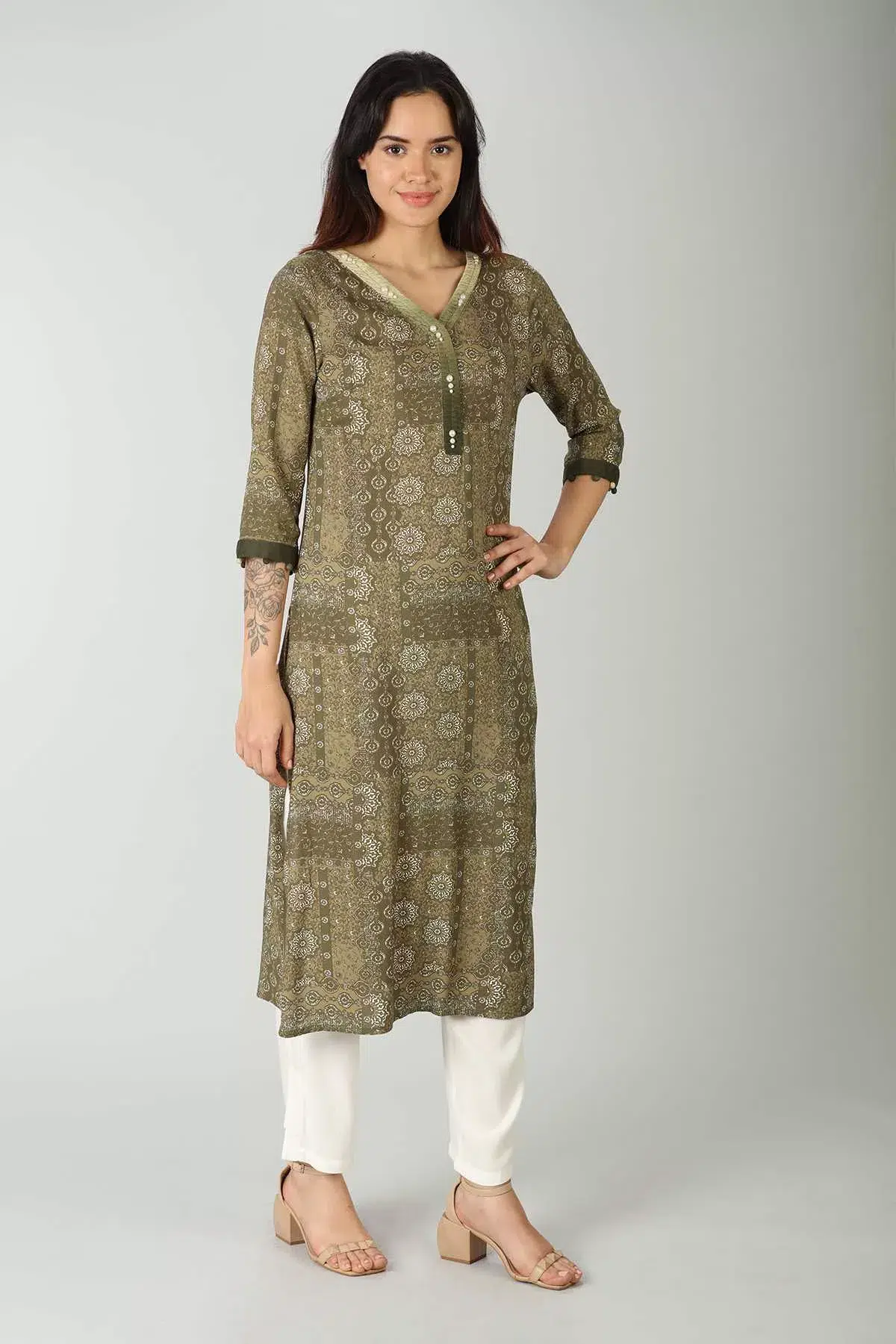 Printed Olive Green Kurta For Women