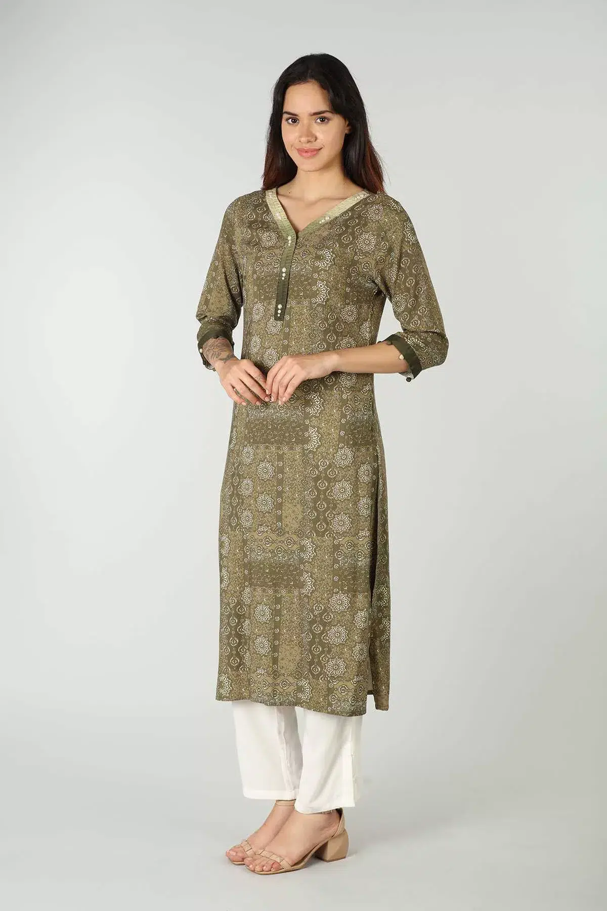Printed Olive Green Kurta For Women