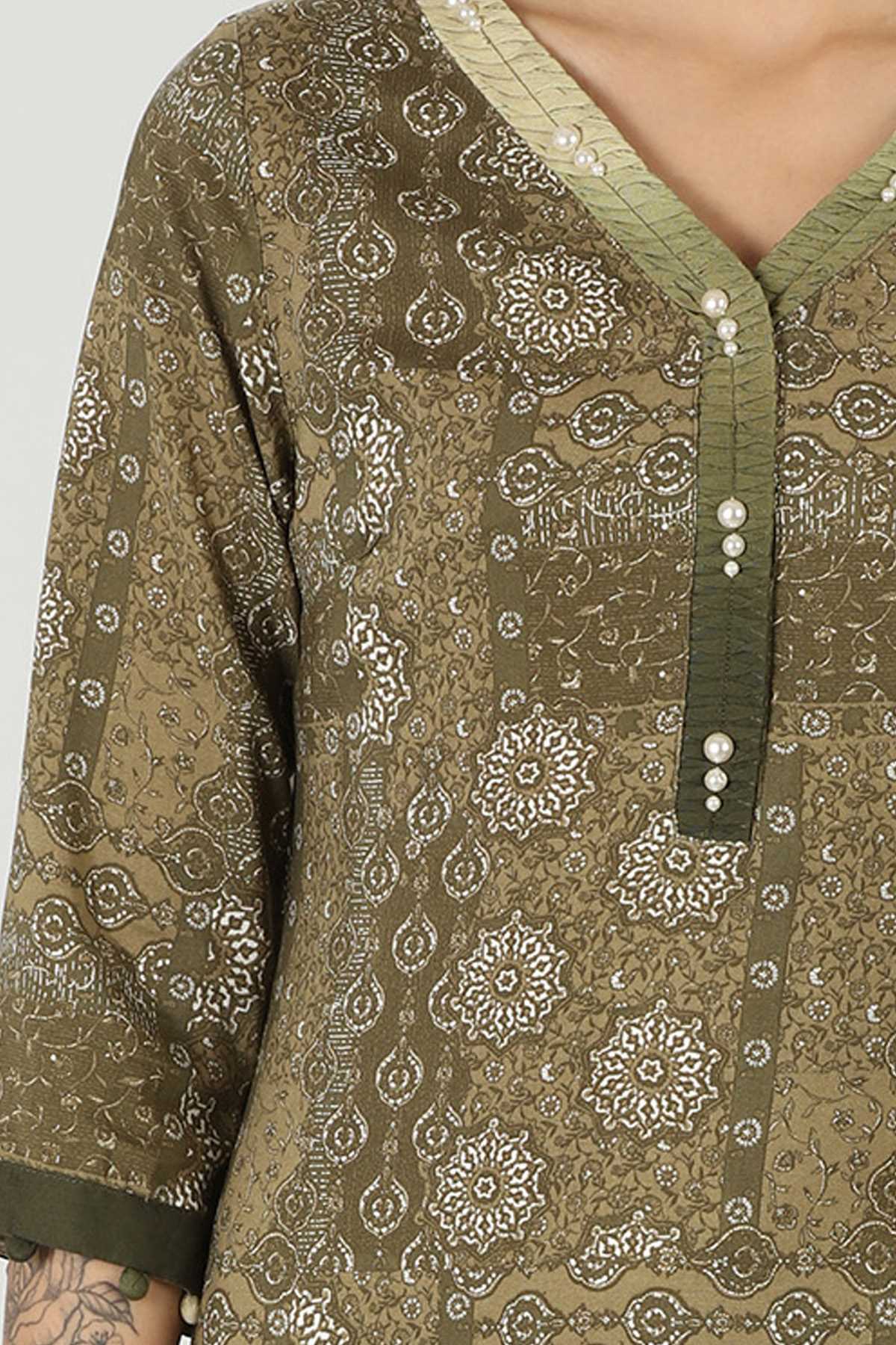 Printed Olive Green Kurta For Women