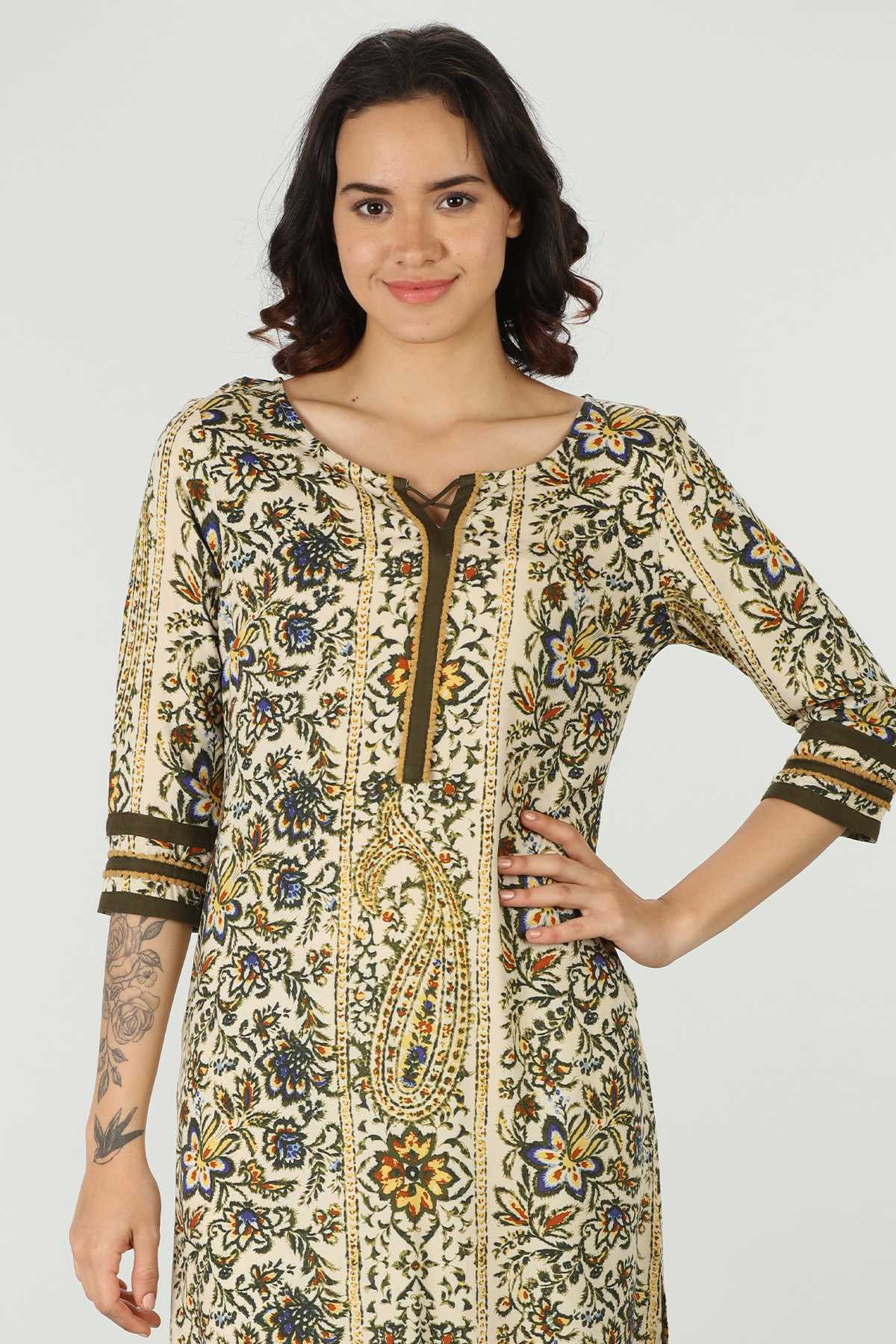 Printed Olive Green Kurta For Women