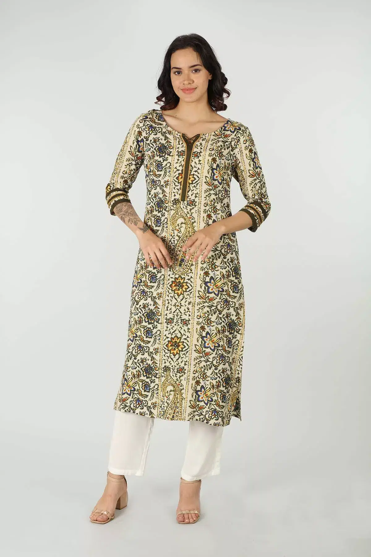 Printed Olive Green Kurta For Women