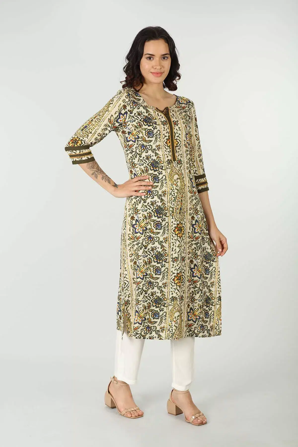 Printed Olive Green Kurta For Women