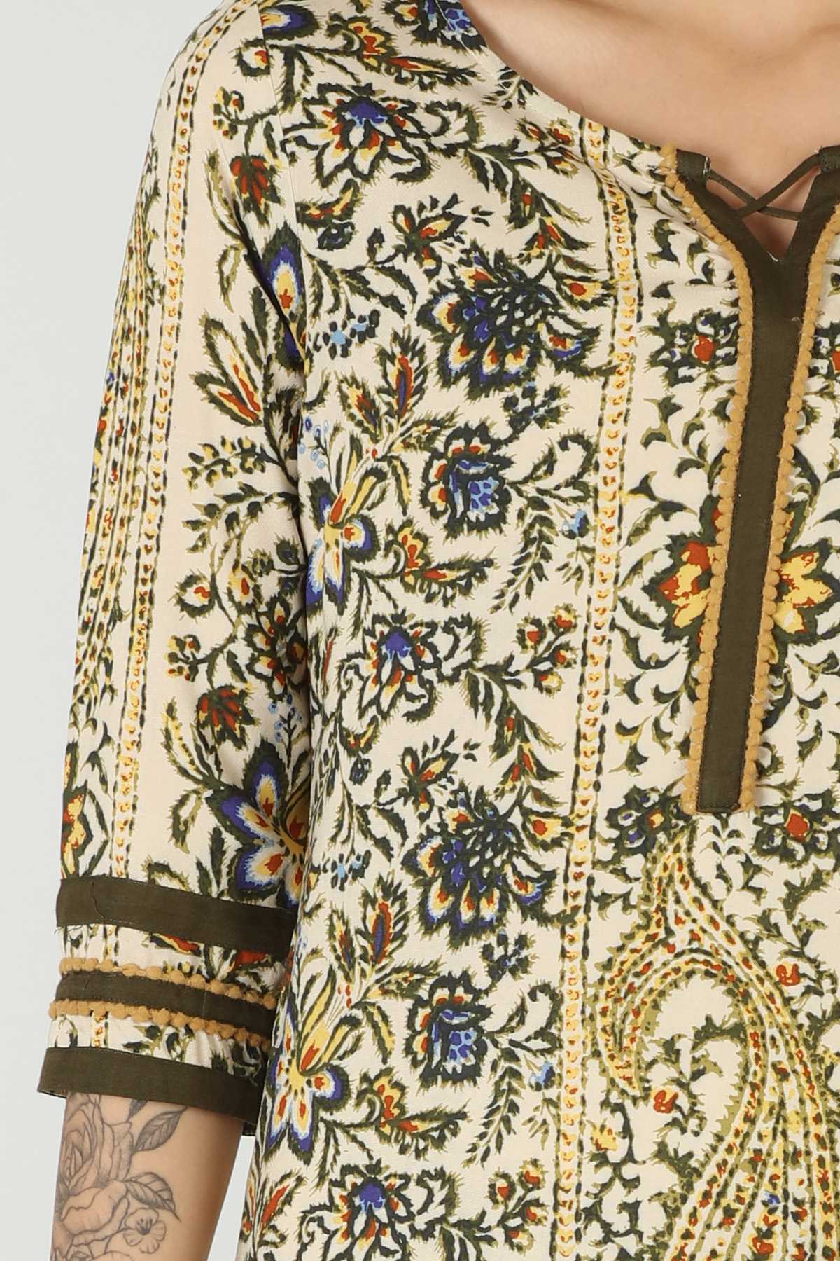 Printed Olive Green Kurta For Women