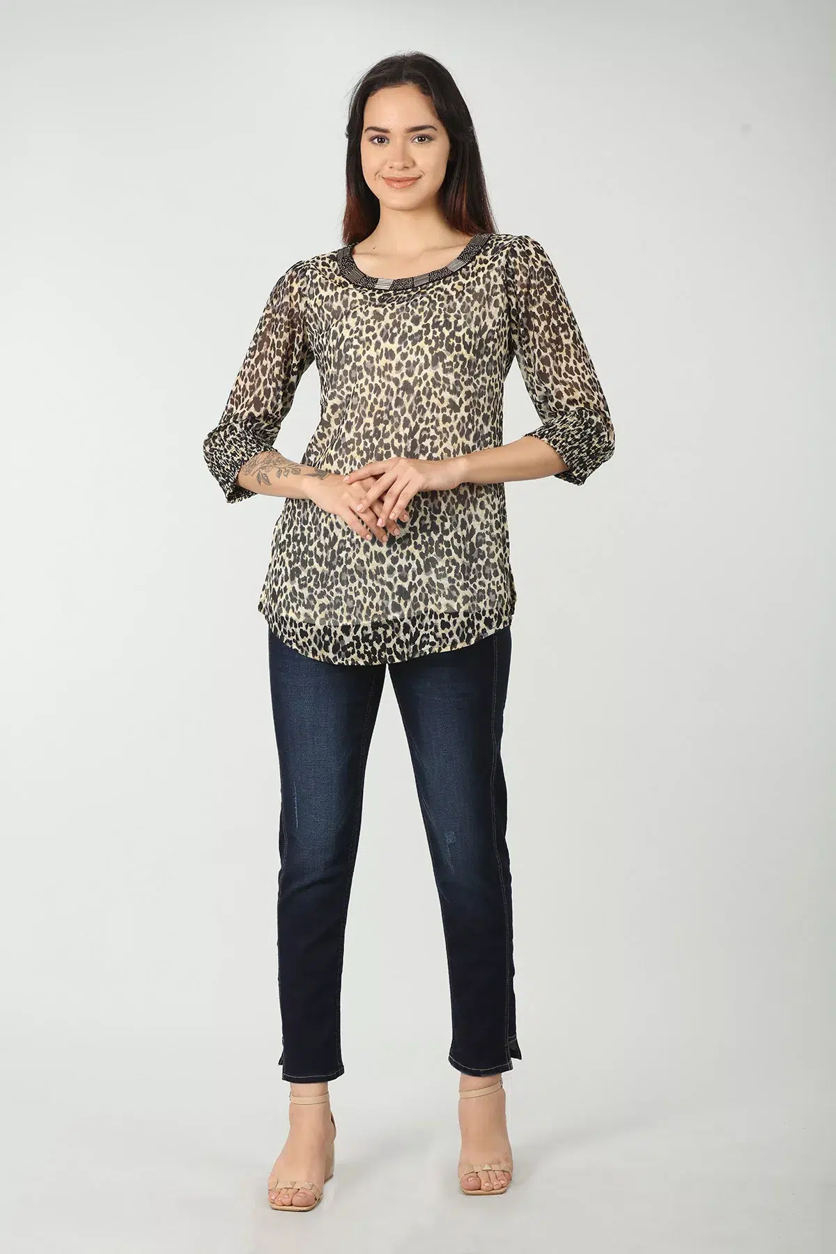 Animal Printed Black And Beige Top For Women