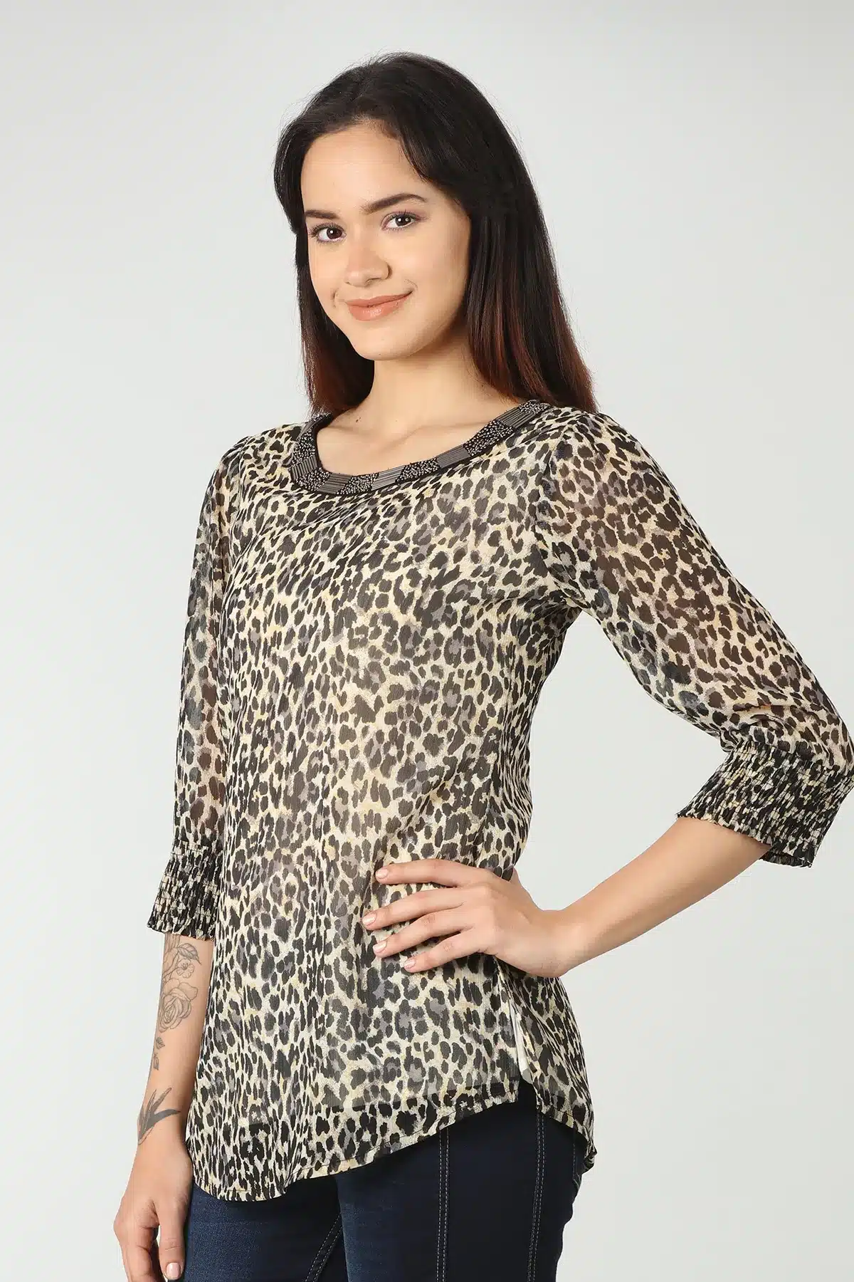 Animal Printed Black And Beige Top For Women