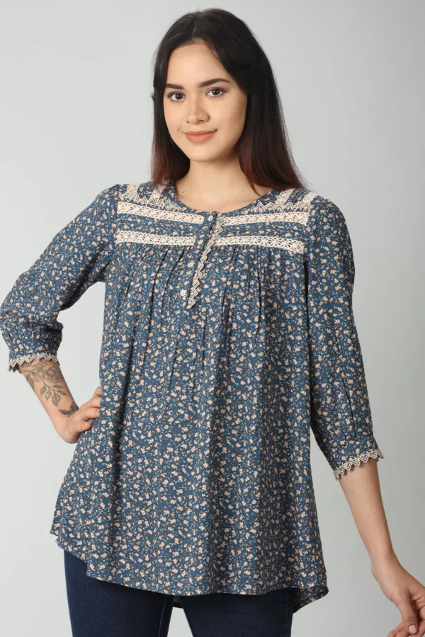 Lace Printed Blue Tops For Women