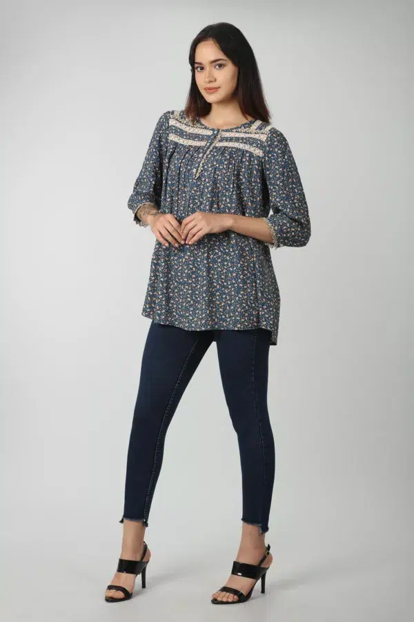 Lace Printed Blue Tops For Women