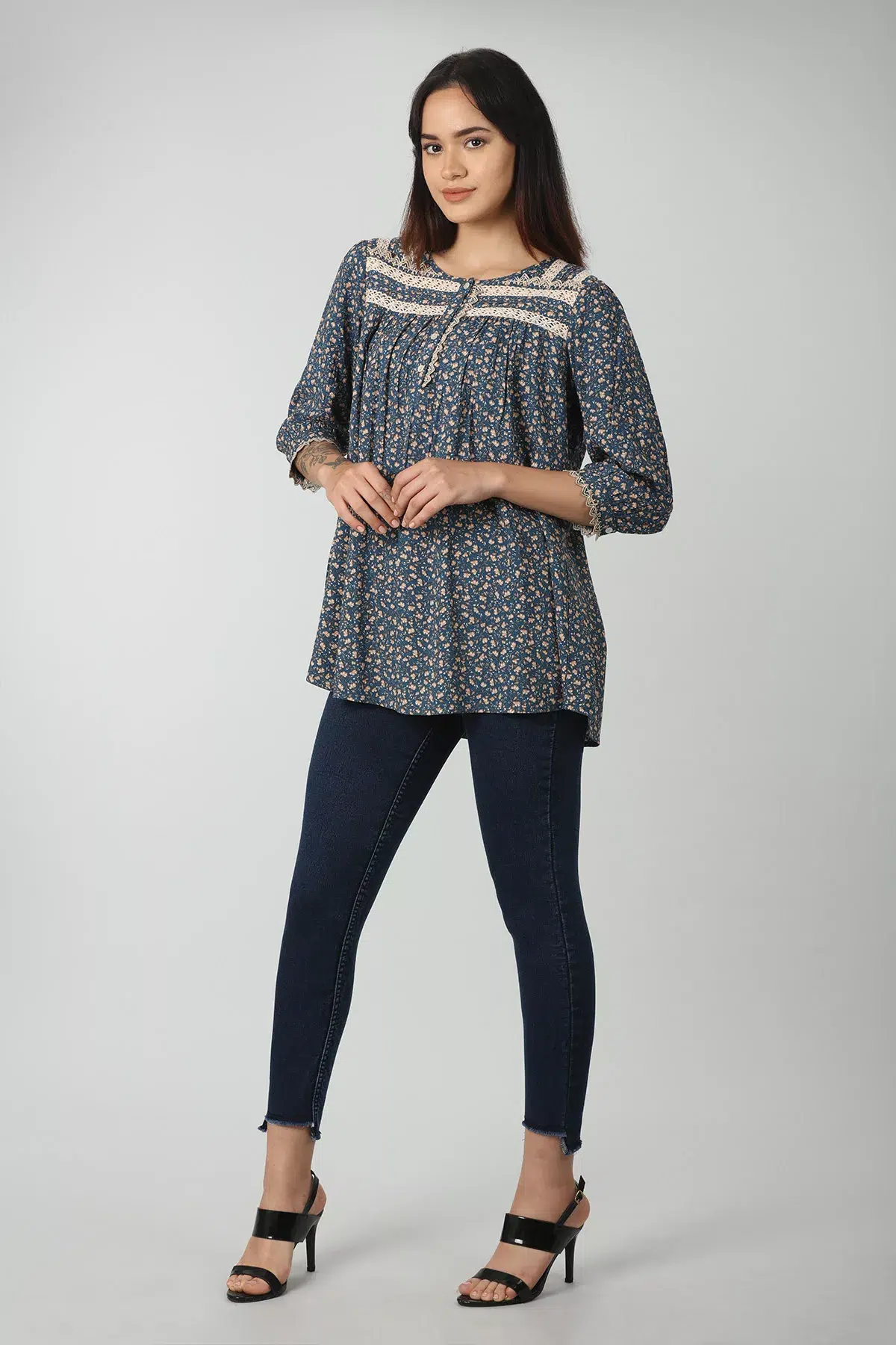 Lace Printed Blue Tops For Women