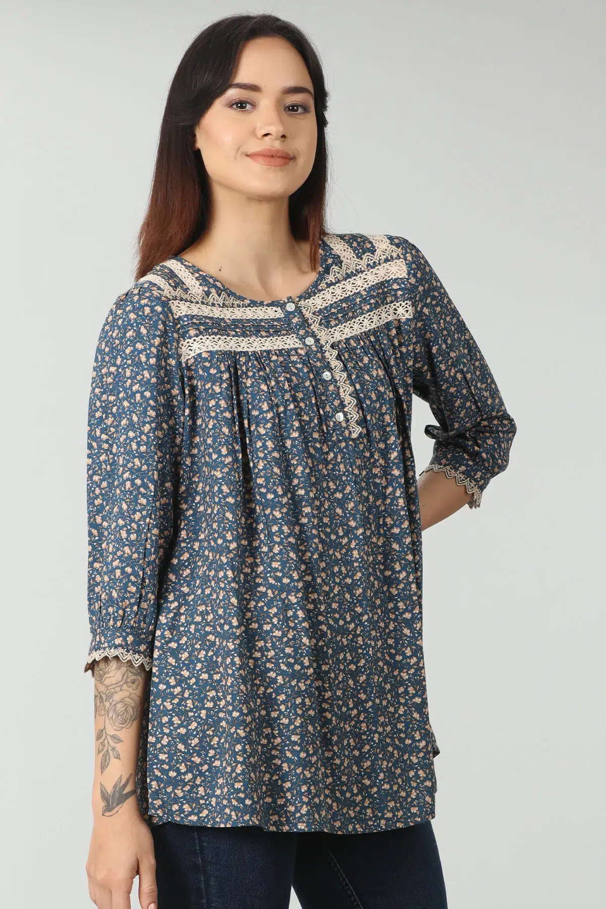 Lace Printed Blue Tops For Women