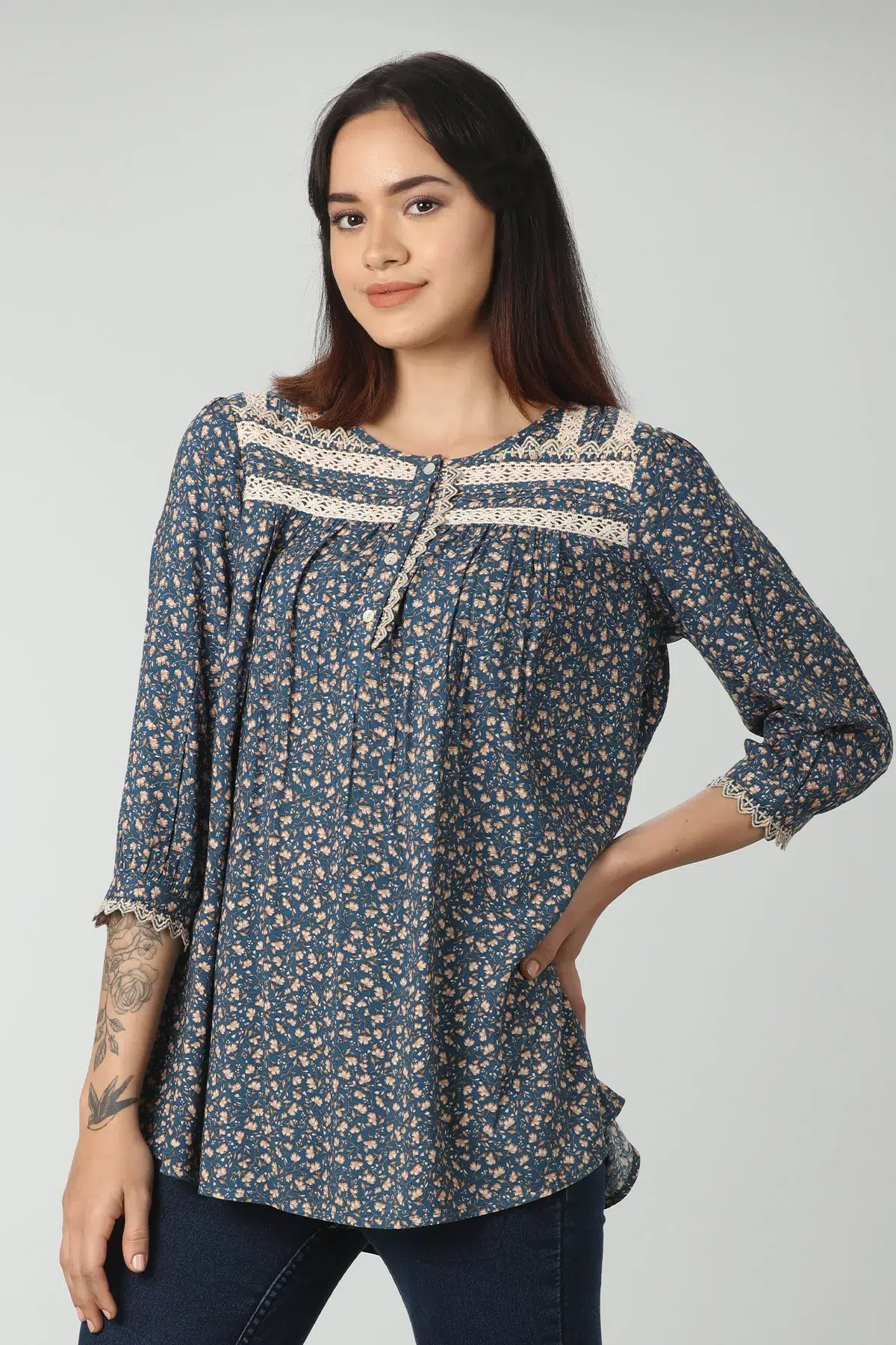 Lace Printed Blue Tops For Women