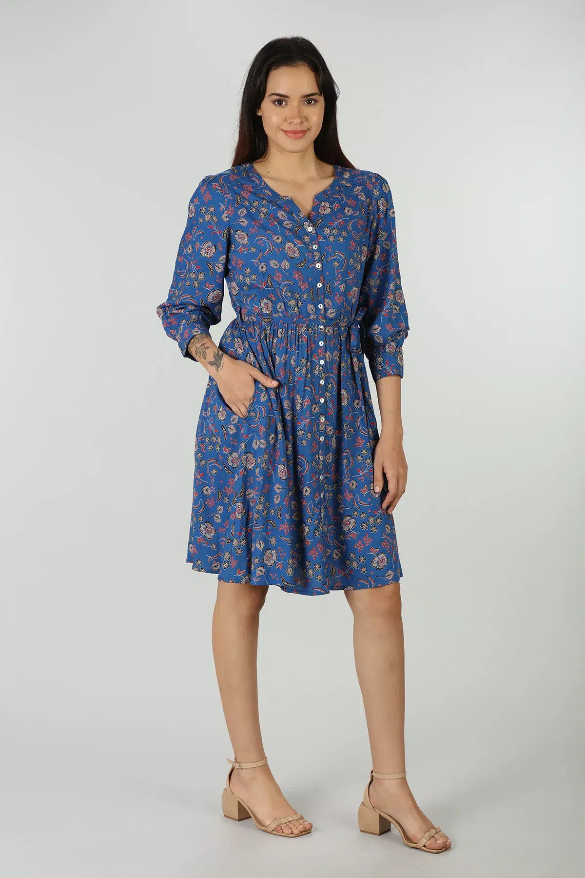 Printed Blue Midi Dress For Women