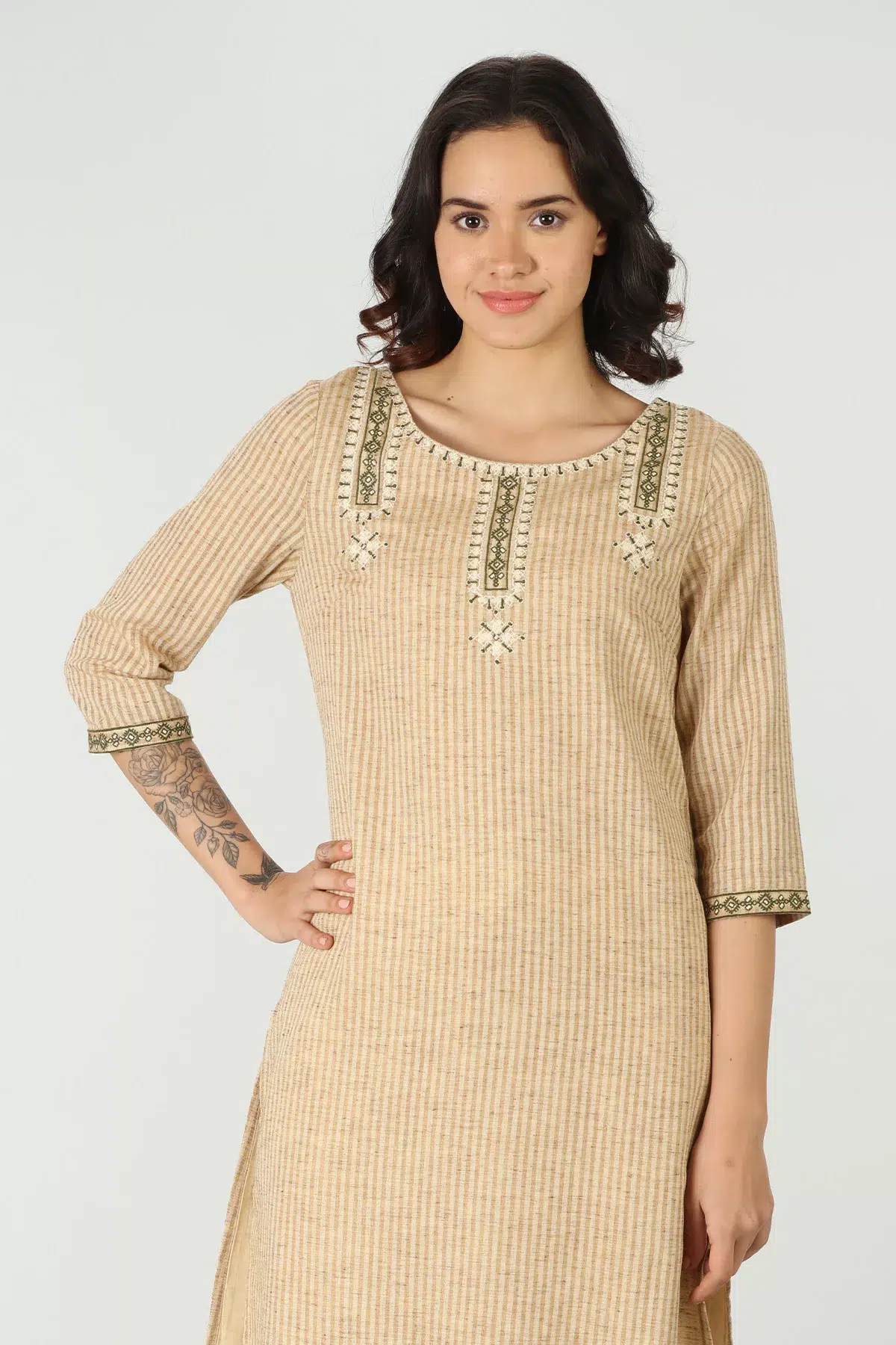 Beige Embroidered Kurta For Women