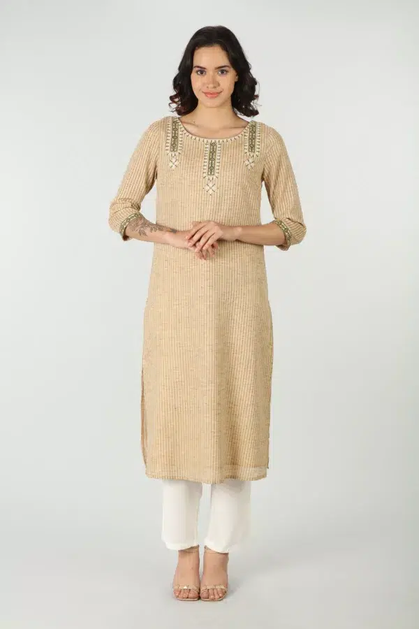 Beige Embroidered Kurta For Women