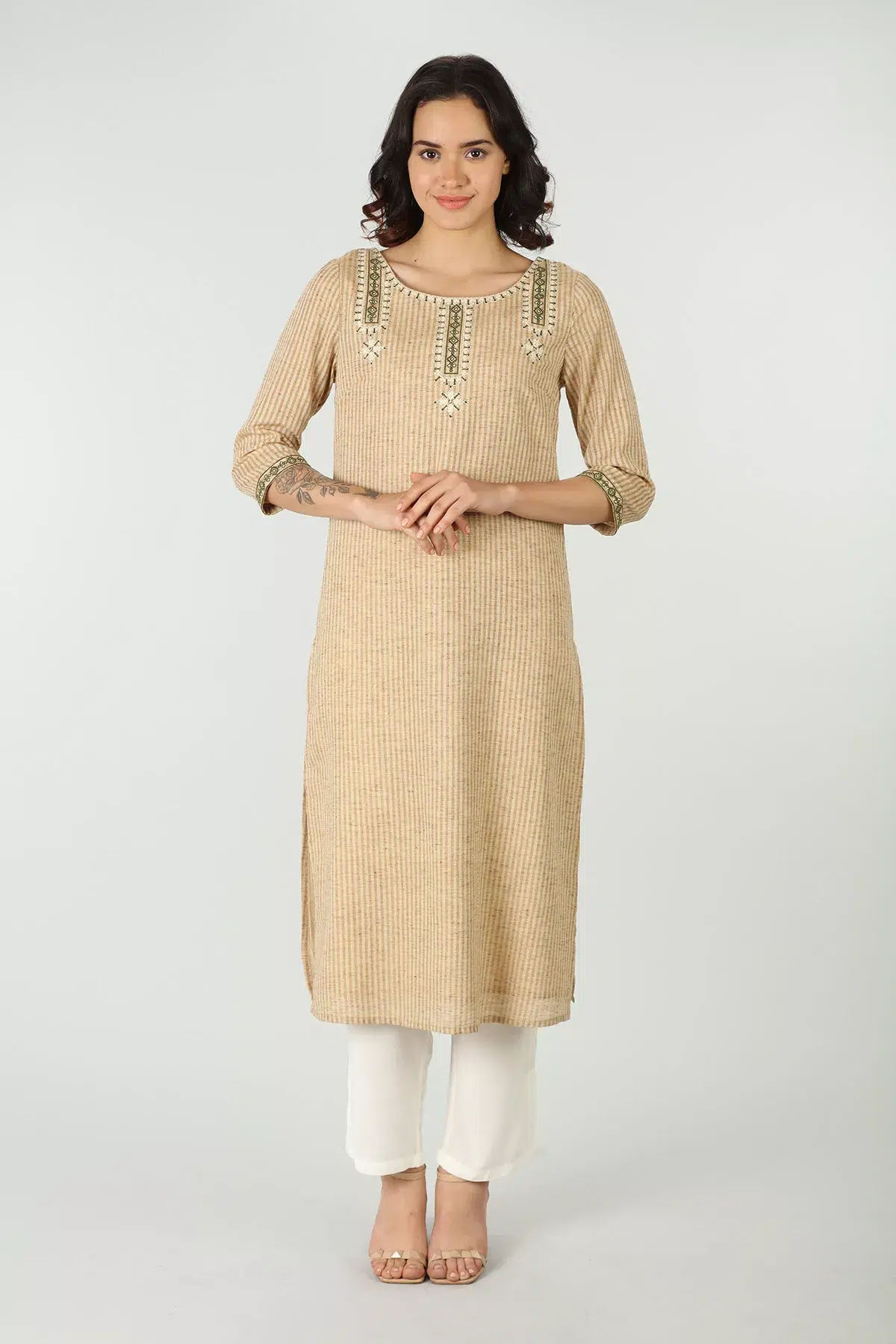 Beige Embroidered Kurta For Women