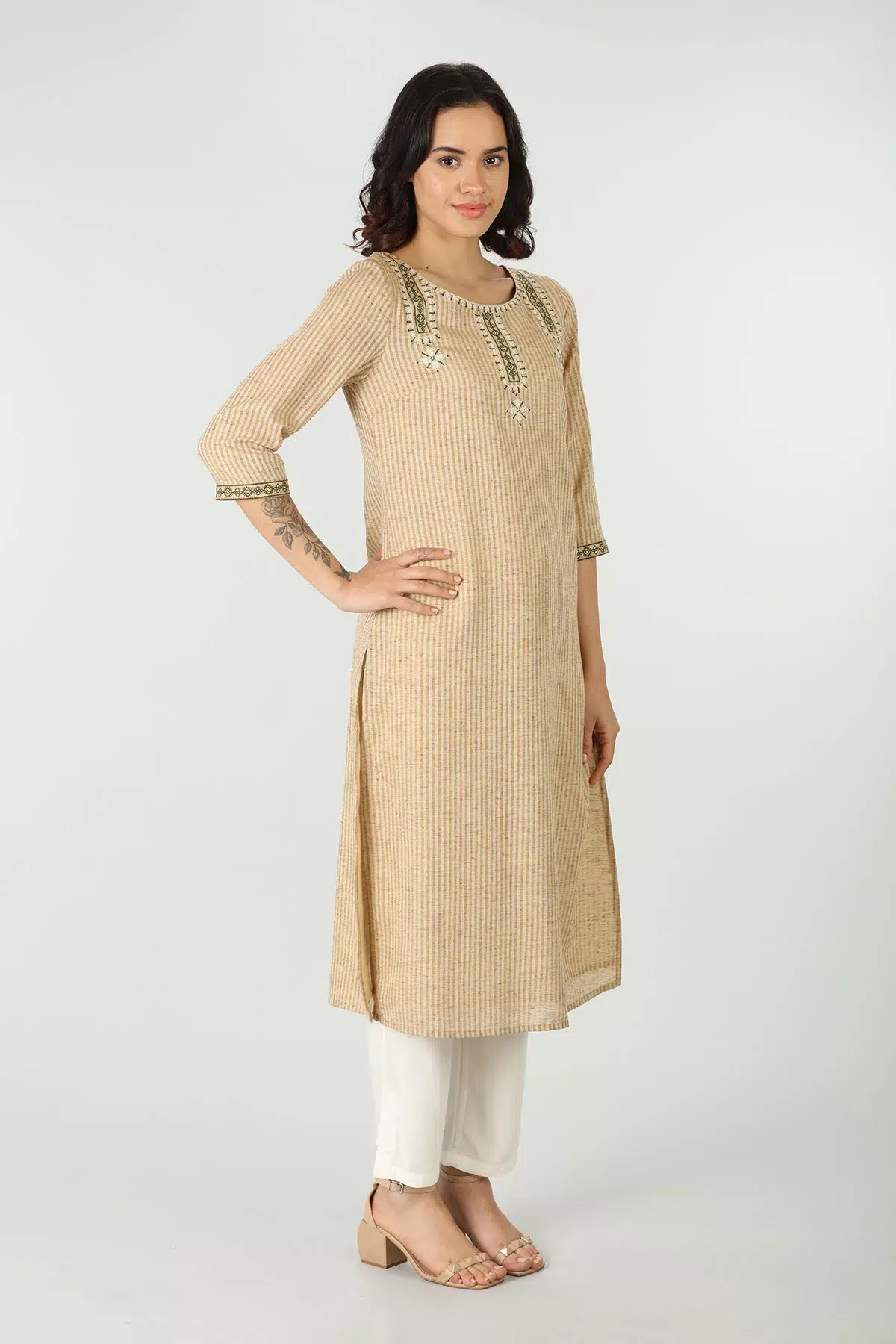 Beige Embroidered Kurta For Women