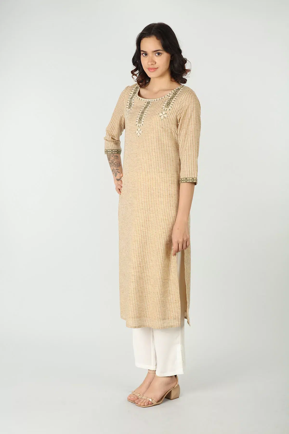Beige Embroidered Kurta For Women