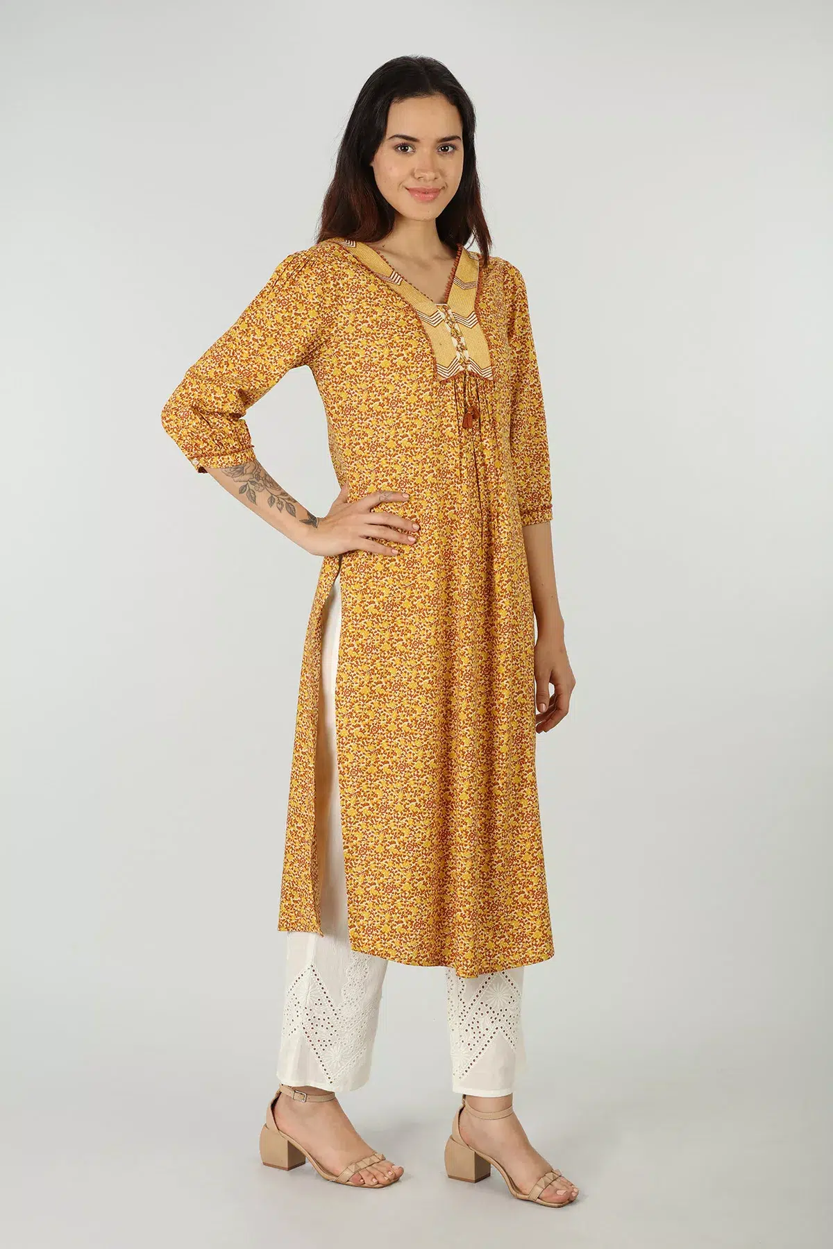 Printed Mustard Yellow Kurti For Women