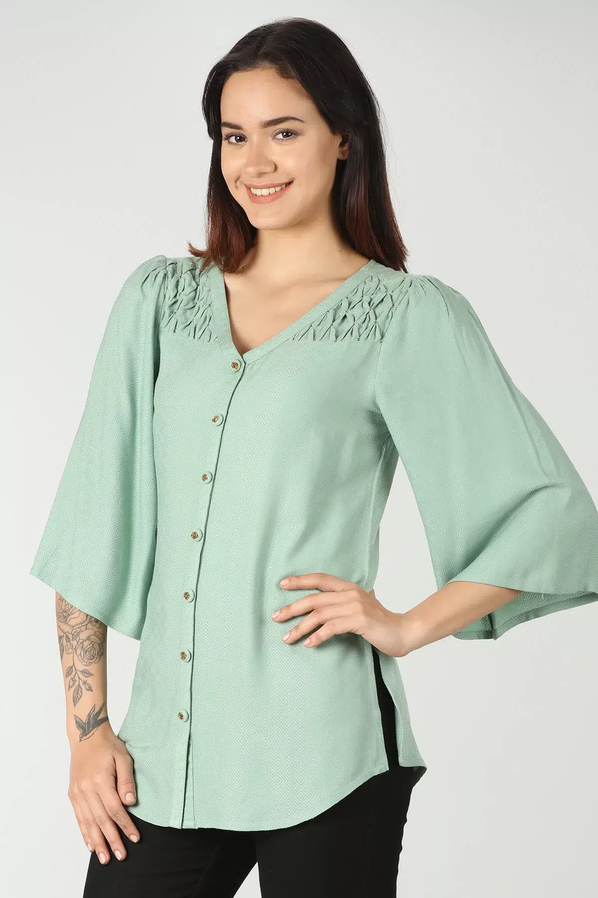 Dobby Light Green Colour Top For Women