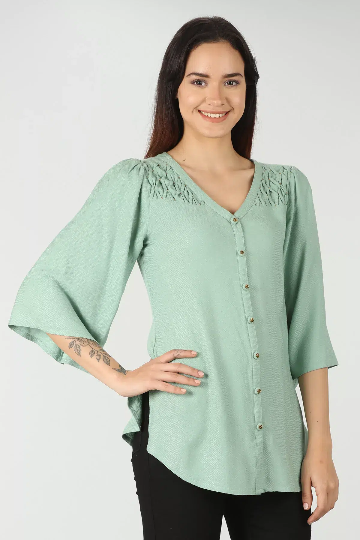 Dobby Light Green Colour Top For Women