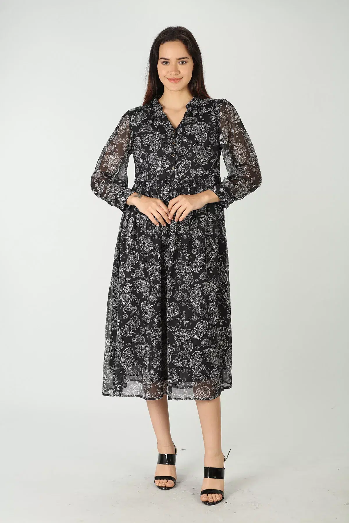 Printed Black Maxi Dress Full Sleeve For Women