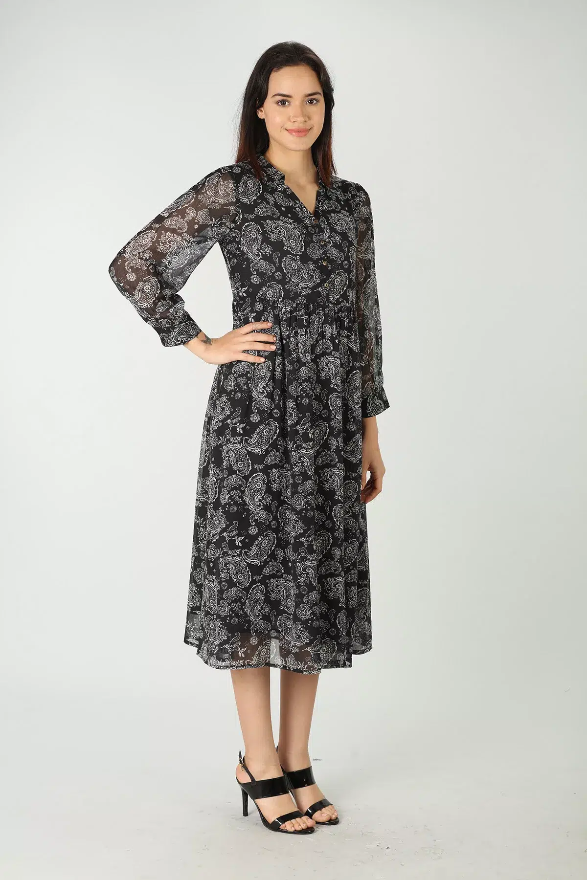 Printed Black Maxi Dress Full Sleeve For Women