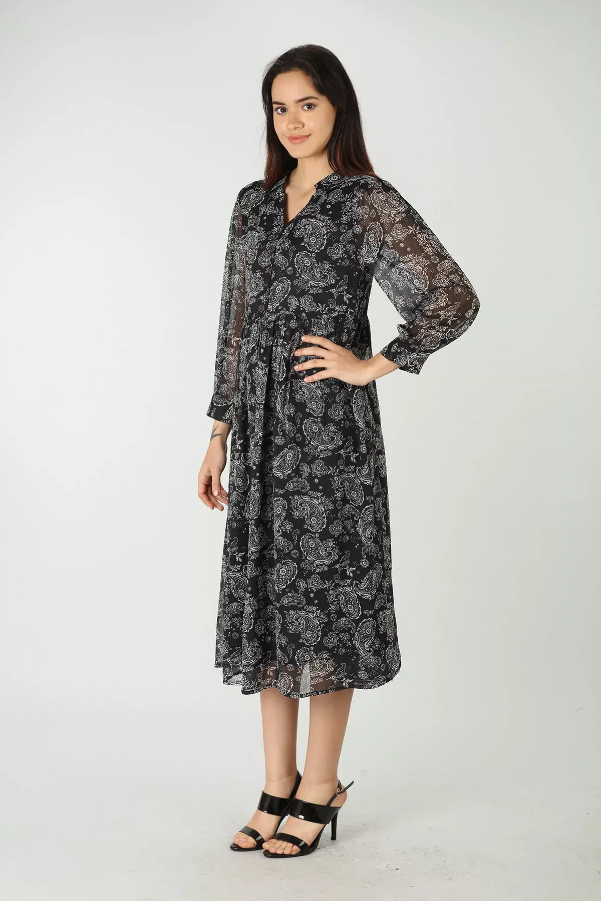Printed Black Maxi Dress Full Sleeve For Women