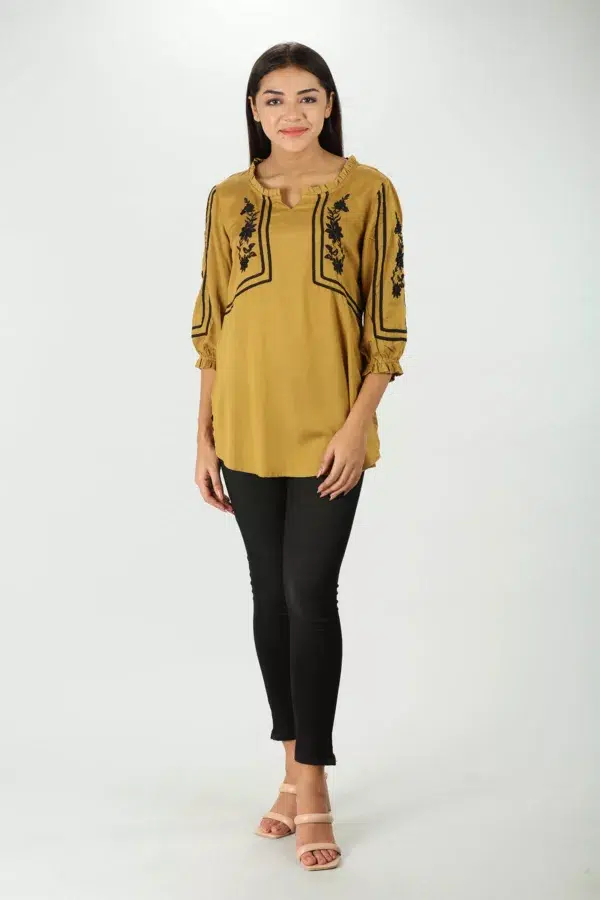 Embroidered Mustard Yellow Top For Women