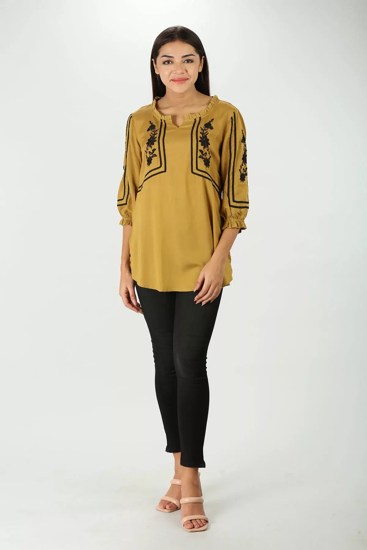 Embroidered Mustard Yellow Top For Women