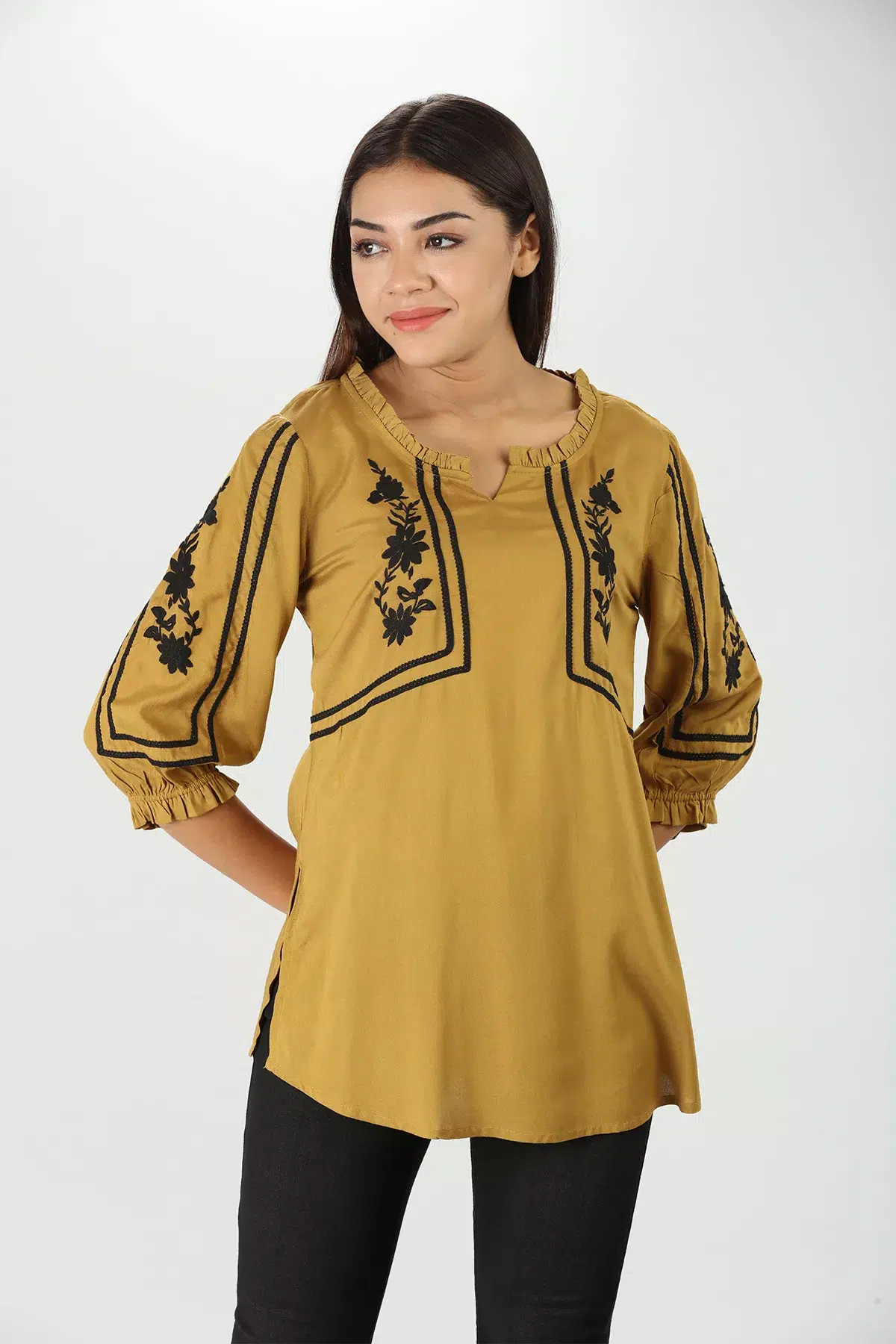 Embroidered Mustard Yellow Top For Women