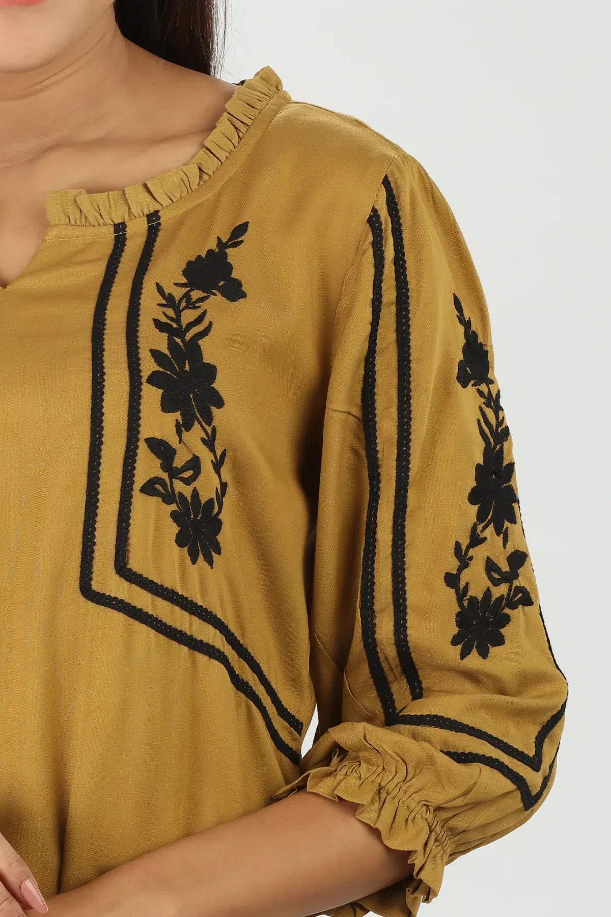 Embroidered Mustard Yellow Top For Women