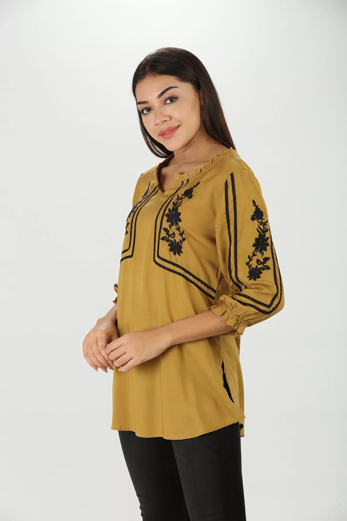 Embroidered Mustard Yellow Top For Women