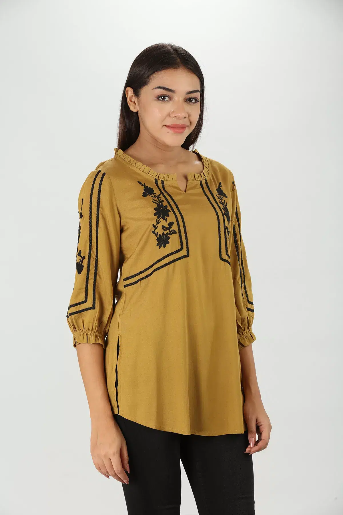 Embroidered Mustard Yellow Top For Women