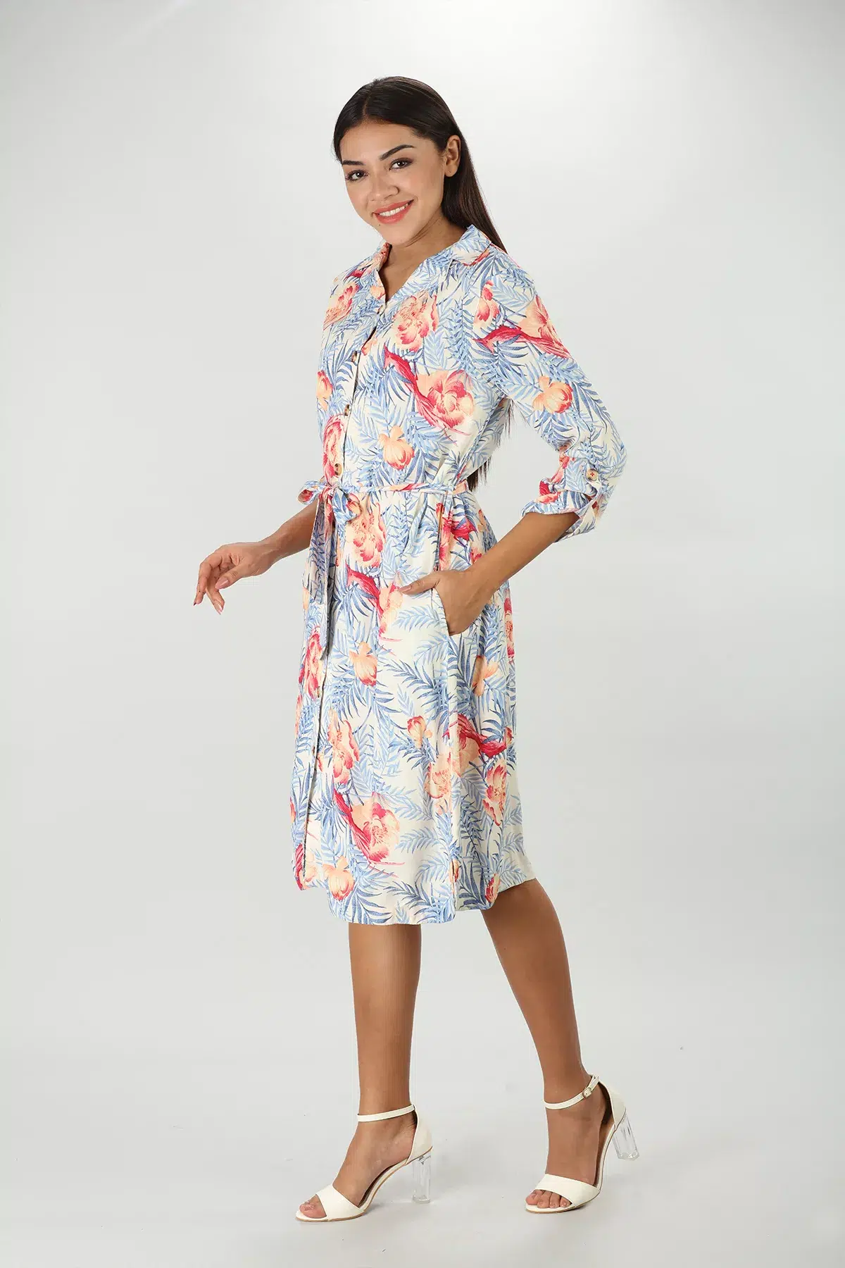 Blue Printed Midi Dress Women