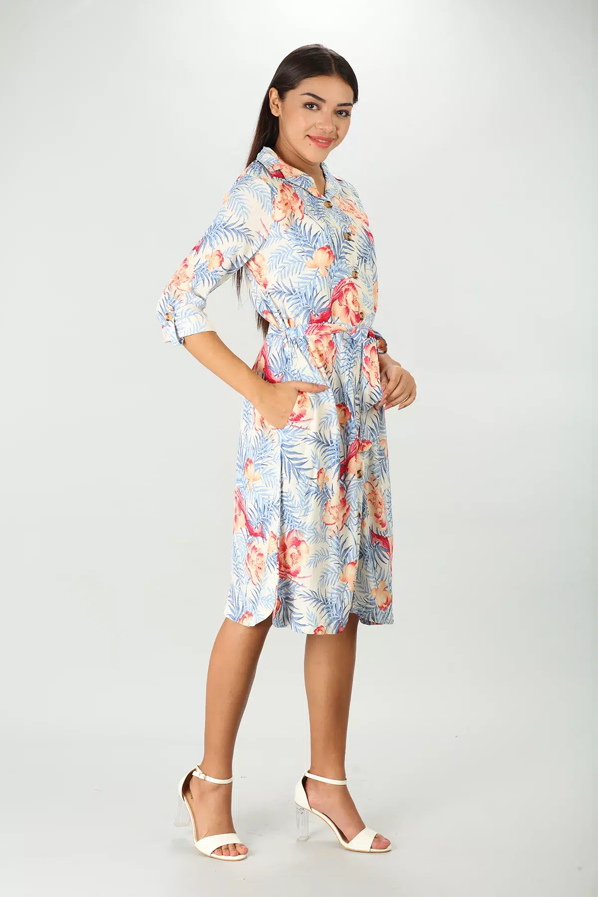 Blue Printed Midi Dress Women