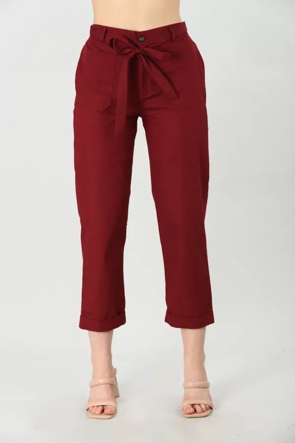Red Solid Pants For Women