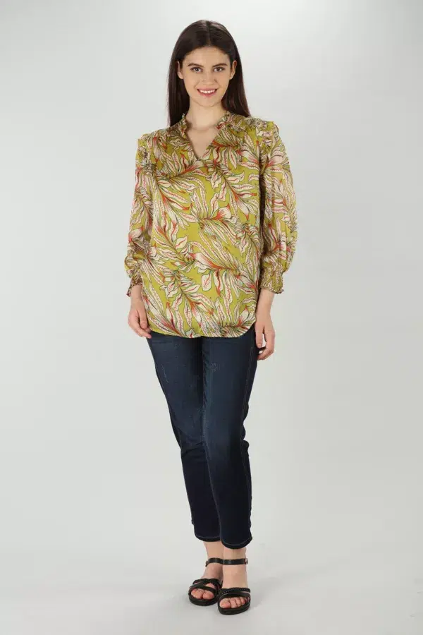 Floral Printed Olive Green Top For Women